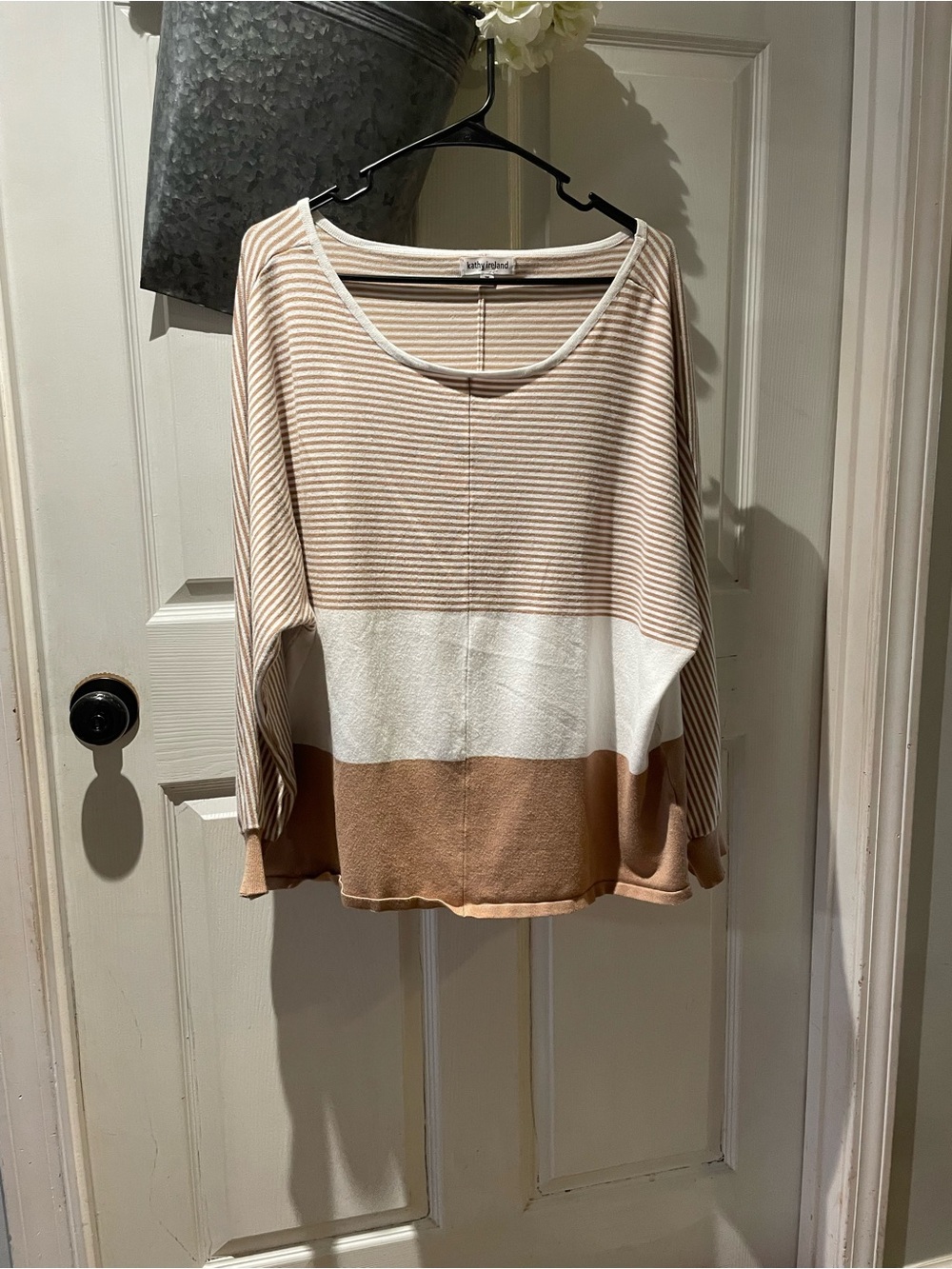 kathy ireland Striped Colorblock Knit Top - Beige, White, Tan